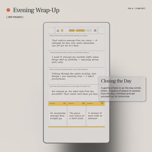 May include: A digital tablet displaying an "Evening Wrap-Up" journal page. The page includes prompts for reflection, such as "What was the most story-worthy thing that happened to you today?" and "Closing the Day."