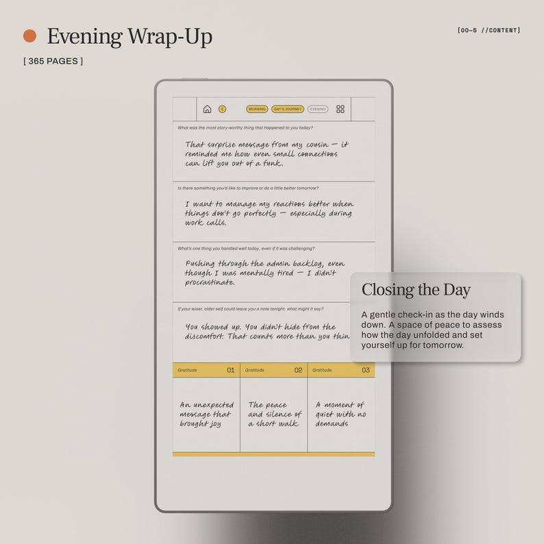 May include: A digital tablet displaying an "Evening Wrap-Up" journal page. The page includes prompts for reflection, such as "What was the most story-worthy thing that happened to you today?" and "Closing the Day."
