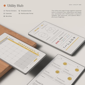 May include: A digital interface with the title "Utility Hub" and menu options for Planner Stickers, Calendar, Template Guide, and more. The image displays several tablets with calendar and diagram layouts, and the text "November" is visible.