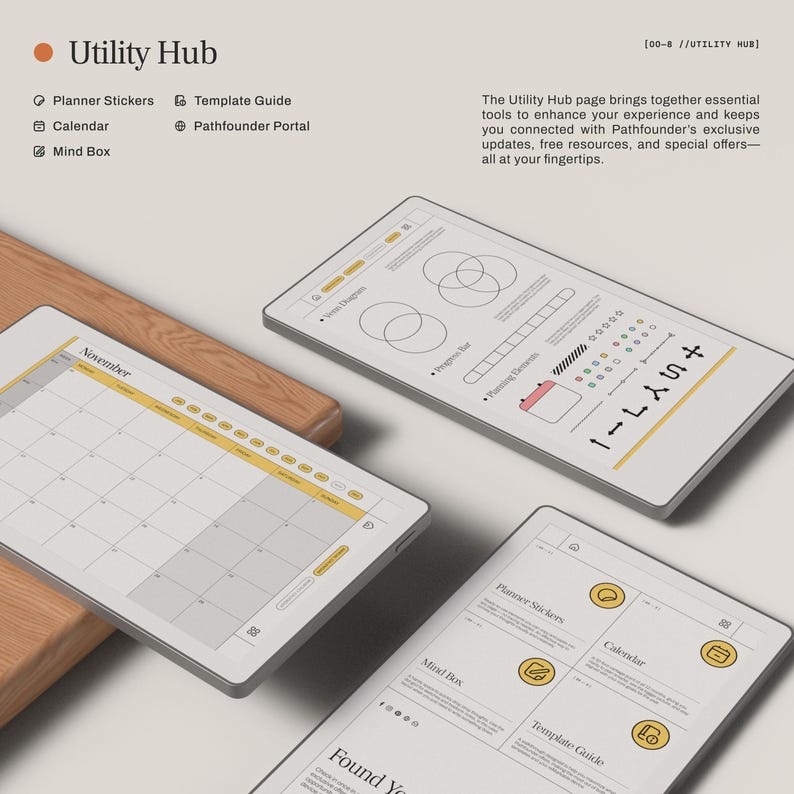 May include: A digital interface with the title "Utility Hub" and menu options for Planner Stickers, Calendar, Template Guide, and more. The image displays several tablets with calendar and diagram layouts, and the text "November" is visible.