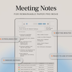 Op de afbeelding: Een digitale sjabloon voor notulen voor de Remarkable Paper Pro Move, met een klantbeoordeling voor website-herontwerp. Bevat secties voor agenda, deelnemers en uitvoerbare taken. Functies zijn onder meer een hyperlink-PDF, geïndexeerde items, notulen en kant-en-klare stickers.