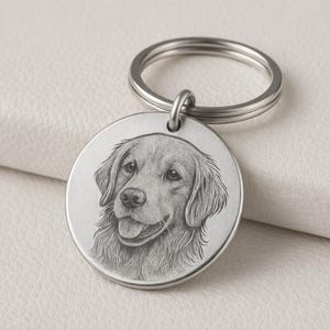 Może przedstawiać: Okrągły, srebrny brelok do kluczy z grawerowanym portretem psa rasy Golden Retriever. Twarz psa jest szczegółowo oddana, ukazując sierść, oczy i otwartą jamę ustną. Brelok posiada kółko do mocowania kluczy.