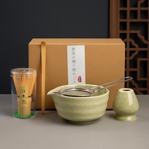 Green Ceramic Matcha Bowl Set: Handmade Japanese Tea Ceremony Kit