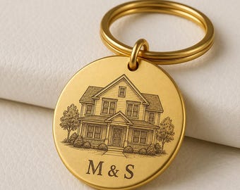 Porte-clés personnalisé avec photo de maison gravée, étiquette en laiton avec initiales personnalisées