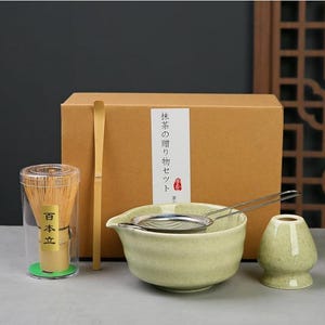 Set di ciotole per matcha in ceramica verde con beccuccio, frusta in bambù e porta chasen, set esclusivo per cerimonia di matcha da 500 ml
