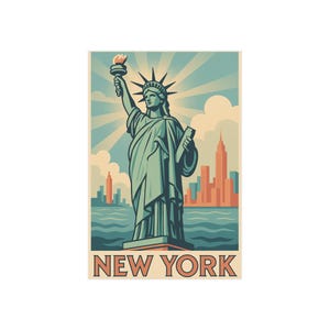 Könnte beinhalten: Ein Poster im Vintage-Stil mit der Freiheitsstatue in Teal und Grün, die eine Fackel und eine Tafel hält. Der Hintergrund umfasst einen blauen Himmel mit Strahlenlinien, Wolken und eine Stadtlandschaft in Orange und Rot. Die Worte "NEW YORK" stehen unten.