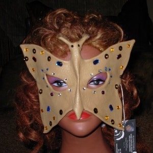 Leather Butterfly Mask Embellished with Sequins and Rhinestones  hand sculpted one of a kind