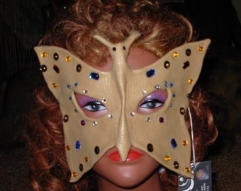 Leather Butterfly Mask Embellished with Sequins and Rhinestones  hand sculpted one of a kind