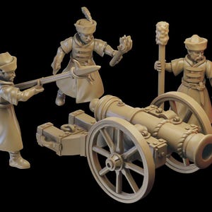 May include: A miniature cannon with three figures in period clothing. The cannon is made of metal and has a wooden carriage. The figures are holding weapons and are dressed in brown and black clothing.