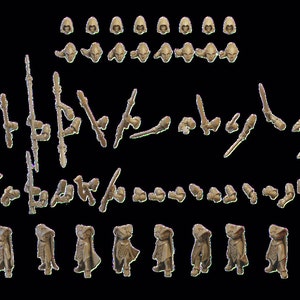 May include: A set of unassembled plastic miniatures for a tabletop wargame. The set includes hooded figures, weapons, and a flag. The miniatures are unpainted and ready to be assembled and painted.
