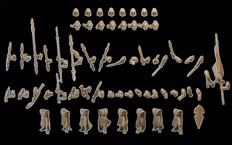 May include: A set of unassembled plastic miniatures for a tabletop wargame. The set includes hooded figures, weapons, and a flag. The miniatures are unpainted and ready to be assembled and painted.
