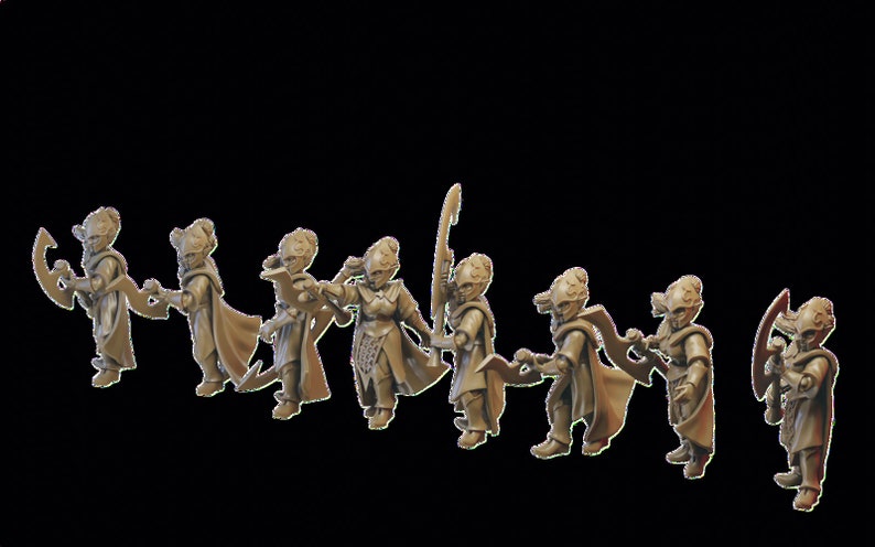 May include: A set of eight miniature figurines, each depicting a fantasy character with a unique pose and weapon. The figurines are made of a light brown plastic and are painted in a muted brown color.