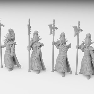 May include: Six gray plastic miniature figurines of fantasy warriors holding spears with axe heads. The figures are wearing armor and robes.