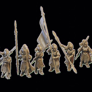 May include: A group of eight unpainted miniature figures of elves holding spears and a flag. The figures are made of a light brown plastic.