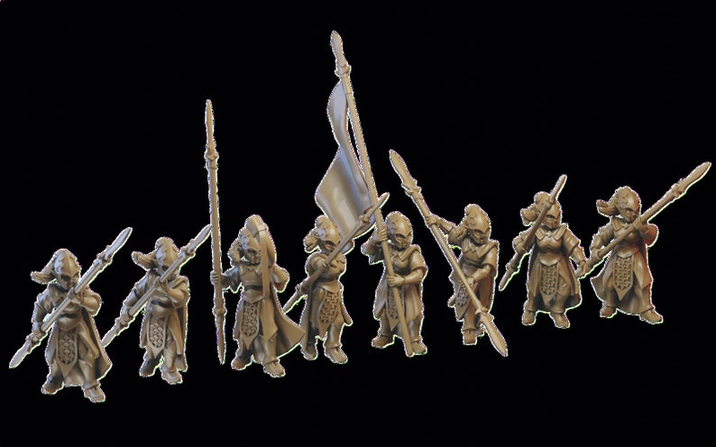 May include: A group of eight unpainted miniature figures of elves holding spears and a flag. The figures are made of a light brown plastic.