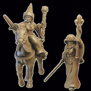 May include: Two miniature figurines of female figures, one riding a horse, both wearing robes and holding staffs. The figure on horseback is wearing a pointed hat and holding a sword. The other figure is wearing a hooded robe and holding a staff with a fleur-de-lis.