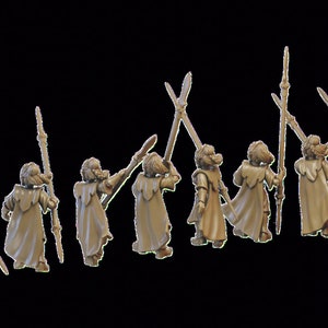 May include: A set of eight unpainted miniature figures of warriors holding spears. The figures are posed in various stances and are ready for battle.