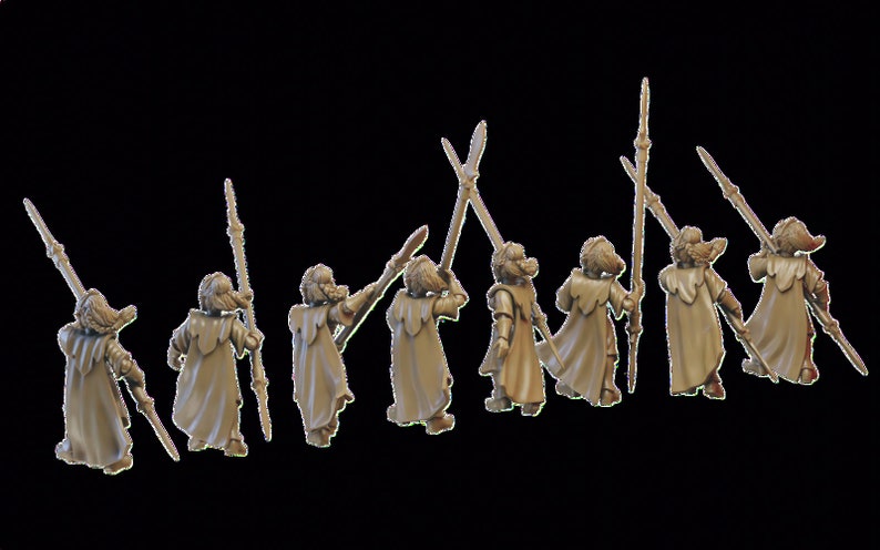 May include: A set of eight unpainted miniature figures of warriors holding spears. The figures are posed in various stances and are ready for battle.