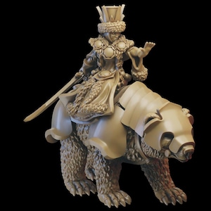 May include: A miniature figurine of a female warrior riding a bear. The warrior is wearing a crown and a fur-trimmed robe. The bear is armored and has a fierce expression.