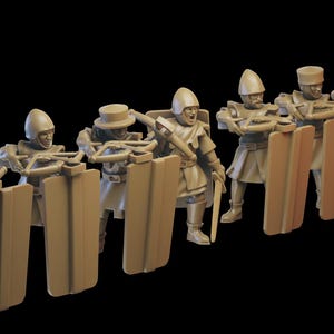 May include: A set of eight miniature figures of medieval crossbowmen, each holding a crossbow and shield. The figures are made of a light brown plastic and are posed in a battle formation.