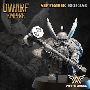 May include: A gray plastic miniature figurine of a dwarf warrior holding a hammer. The dwarf is wearing a helmet with wings and armor. The hammer has a cross-shaped design on the head. The figurine is on a round base. The text "DWARF EMPIRE" and "SEPTEMBER RELEASE" is visible in the background.