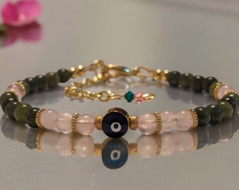 Evil Eye Bracelet – Jade & Rose Quartz, Gold-Plated Charm, Handmade