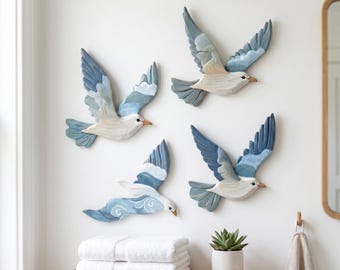 Flying Seagull Wooden Wall Decor Set of 4, Nautical Beach House Sign, Coastal Bird Art Gift