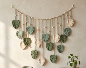 Boho Macrame Wall Hanging 120x75cm Green Leaf Tapestry Cotton Home Decor