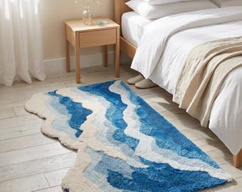Blue Wave Acrylic Rug Non-Slip, Bedroom Hallway Bathroom Floor Mat, Coastal Ocean Home Decor