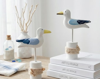 Ceramic Seagull Figurine on Wood Stick, Decorative Bird Sculpture, Coastal Home Decor, Gift