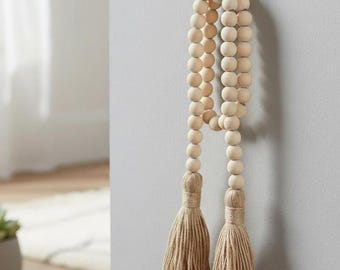 Wood Bead Garland Farmhouse Wall Hanging Rustic Jute Tassel Boho Home Decor