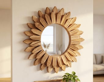 Sunflower Wooden Wall Mirror, Boho Bedroom Living Room Decor, Decorative Floral Wood Mirror Gift