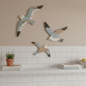 3er-Set Wandbilder aus Holz – Möwenmotiv – Maritime Wanddekoration fürs Meer