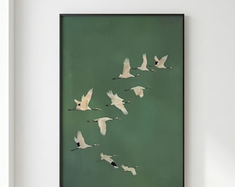 Japanese Crane Print, Emerald Green & Gold Wall Art — Japandi Decor, Canvas Poster, Living Room Art