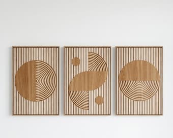 Set of 3 Framed Abstract Geometric Canvas, Wood Texture Boho Wall Art, Modern Living Room Decor