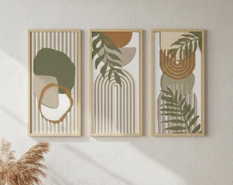 Sage Green Wooden Wall Art Set of 3 Abstract Geometric Wall Sculptures Modern Boho Decor