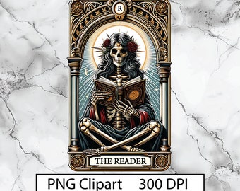 The Reader Tarot Card PNG book love Skeleton Sublimation Design Book Lover Booktrovert Skull Tarot T-shirt Mug PNG File, Digital Download