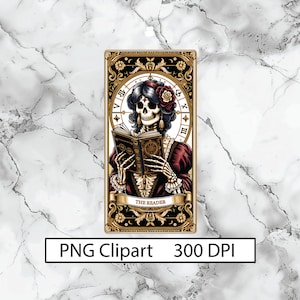 The Reader Tarot Karte PNG Buch Liebe Skeleton Sublimation Design Buchliebhaber Booktrovert Schädel Tarot T-Shirt Becher PNG Datei, digitaler Download
