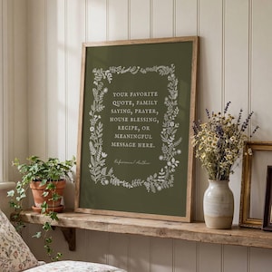 Może przedstawiać: Prostokątny obraz w ramie z oliwkowozielonym tłem i białą kwiatową obwódką. Tekst brzmi: YOUR FAVORITE QUOTE, FAMILY SAYING, PRAYER, HOUSE BLESSING, RECIPE, OR MEANINGFUL MESSAGE HERE. Reference Author.
