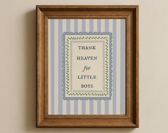 Thank Heaven for Little Boys Wall Art, Blue Stripe Nursery Quote Print, Classic Baby Boy Room Decor, Vintage Nursery Printable