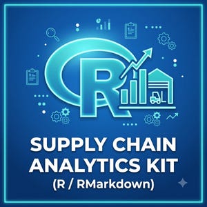 May include: A blue graphic design featuring the letter R, a warehouse icon with a forklift, a rising arrow chart, and various small icons. The text reads SUPPLY CHAIN ANALYTICS KIT (R / RMarkdown) in white against a glowing blue background.