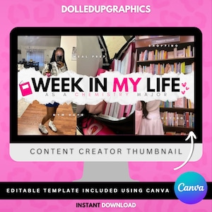 Puede incluir: Una pantalla de ordenador que muestra una miniatura de creador de contenido rosa y blanca con el texto "Week in My Life as a Chemistry Major" e imágenes de una persona en un gimnasio y una persona en una biblioteca. La miniatura está etiquetada como "Content Creator Thumbnail" y tiene un logotipo de Canva en la esquina inferior derecha.