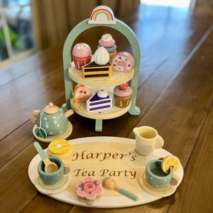 Pretend Tea Party set with Dessert Stand Personalized Wooden Tea Party Play Set Custom name tea set toy for Toddlers Birthday Gift for Girls