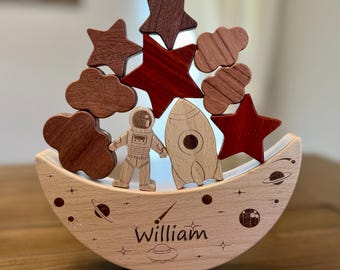 Personalized Montessori Wooden Moon Balance-Stacking Toy for Toddlers, Sensory Activity Building Blocks,Educational Toy-Astronaut Rocket Set