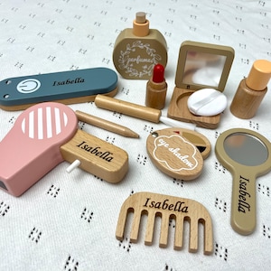 Personalized Engraved Name Wooden Makeup Toy Set with-Wooden Lipstick and Cosmetic Play Set Beauty Kit Pretend Play, Birthday Gift for Girls