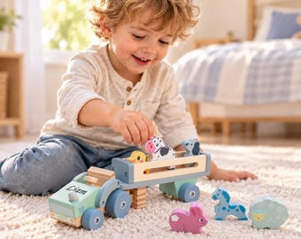 Personalized Wooden Tractor Toy with Farm Animals Montessori Vehicle Playset Custom Name Wooden Toy Gift for Toddlers 1st Birthday Gift