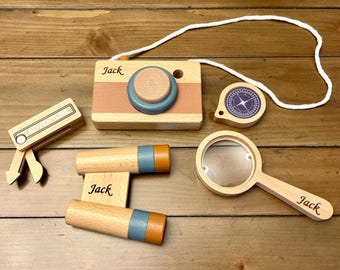 Personalized Wooden Outdoor Adventure Pretend Play Toys Kids Explorer Kit, Wooden Telescope, Camera, Compass,Magnifying Glass, Birthday Gift