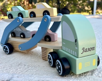 Personalized Wooden Car Carrier Truck Toy Montessori Vehicle Playset Custom Name Wooden Toy Gift for Toddlers Truck & Ramp 1st Birthday Gift