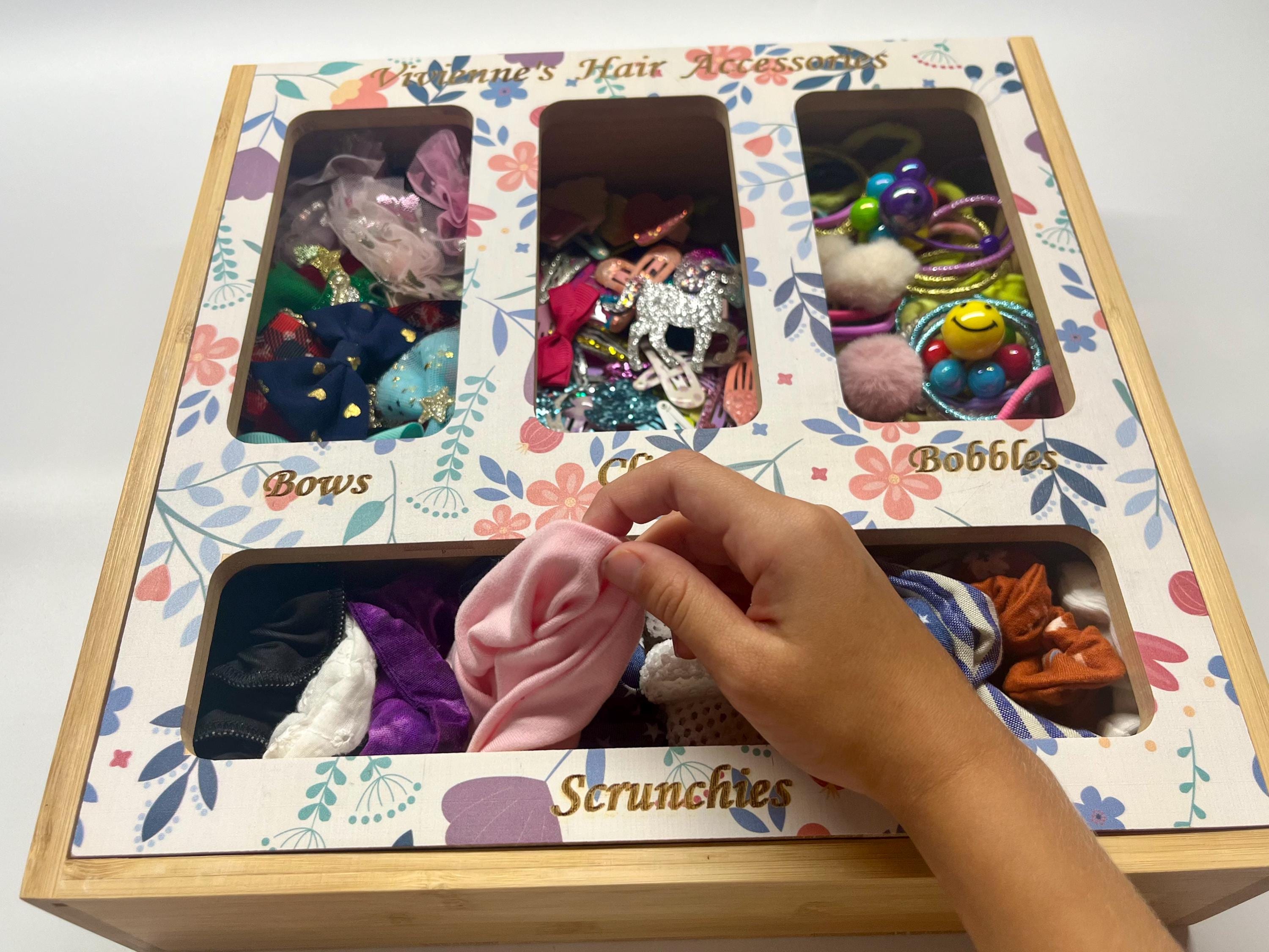Caixa de armazenamento de acessórios de cabelo VAZIA, organizadora personalizada com nome para grampos de cabelo, laços e gravatas, caixa de lembrança para meninas, presente de aniversário para crianças