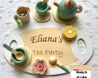 Personalized wooden Tea Party Play Set, Custom tea set toy, Gift for Girls, Pretend Tea Party, Montessori toy, Custom Engraved Name Toy Gift